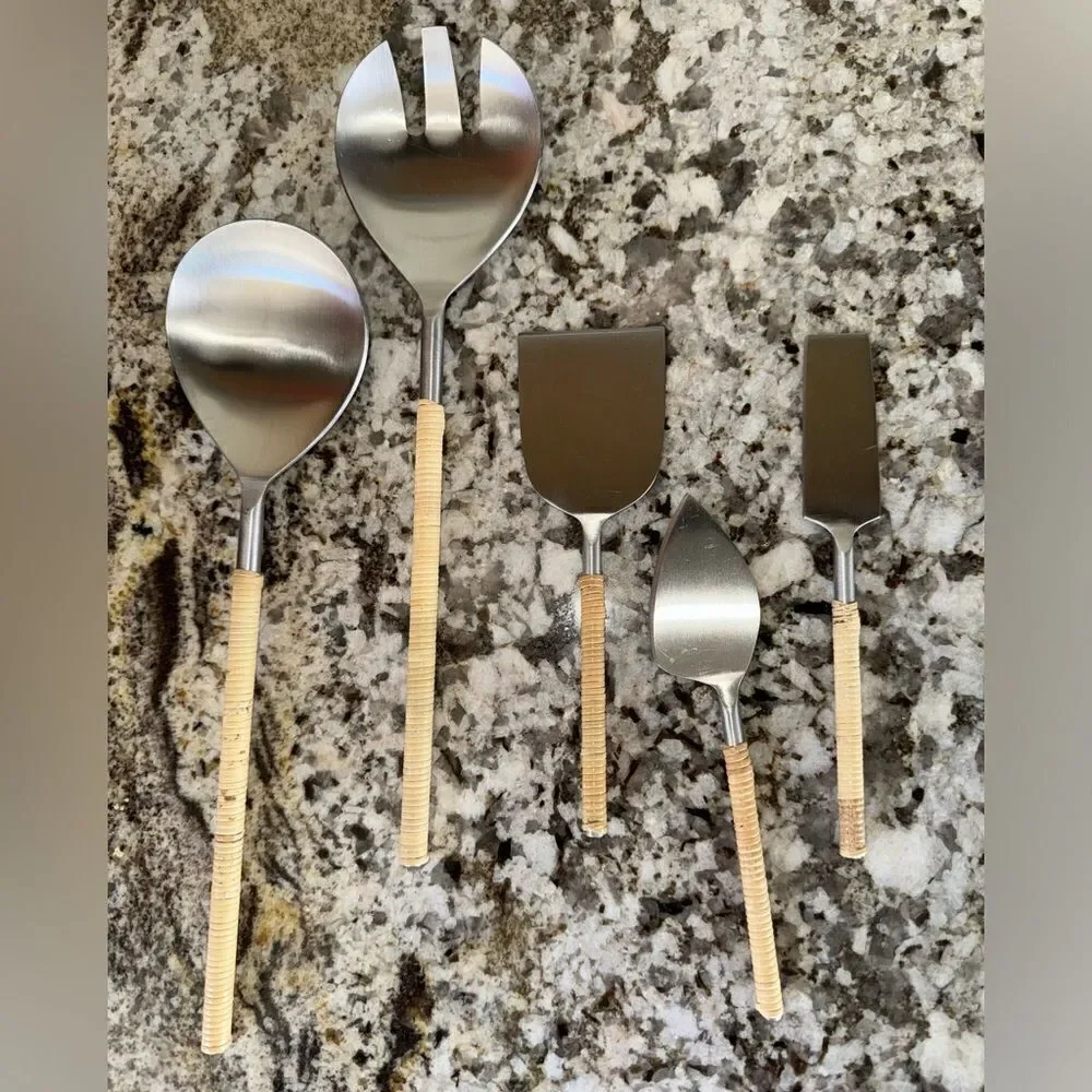 Salad Servers 2-Piece Matte Steel Rattan matching rattan cheese serving set.